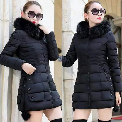 Women's Winter Jacket Parka, Large Faux Fur Collar with Hood, Thick Warm Coat, Casual Women's Outerwear, European Fashion, Black, Tops -30°C