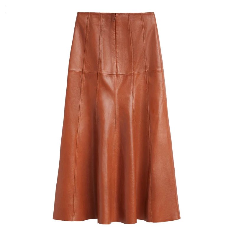 Leather Long Skirt Women New Fashion Attractive Seam Design Pleated Maxi Skirt L