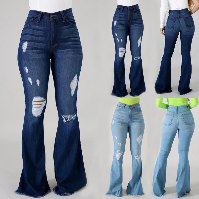 2023 New High Waist Ripped Flared Jeans For Women Fashion Slim Hip Lift Stretch Denim Pants Street Casual Female Trousers S-3XL