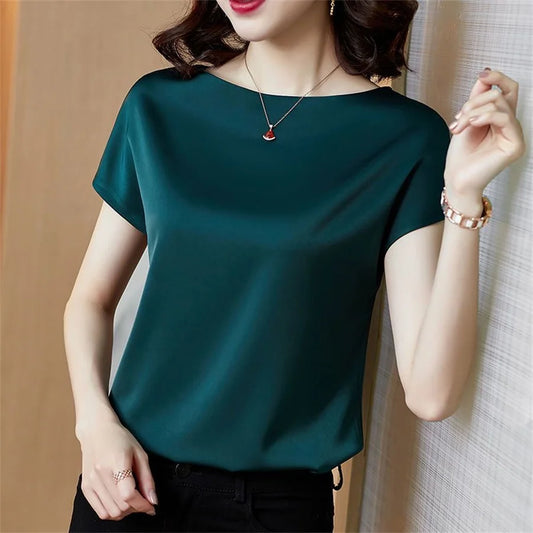 2024 Office Lady Satin Blouse – Sleek Short Sleeve O-Neck Casual Loose Top for Women DF4904