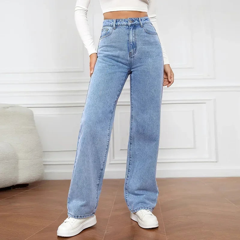 Calça jeans feminina reta de cintura alta, streetwear lavado, bolsos soltos, co