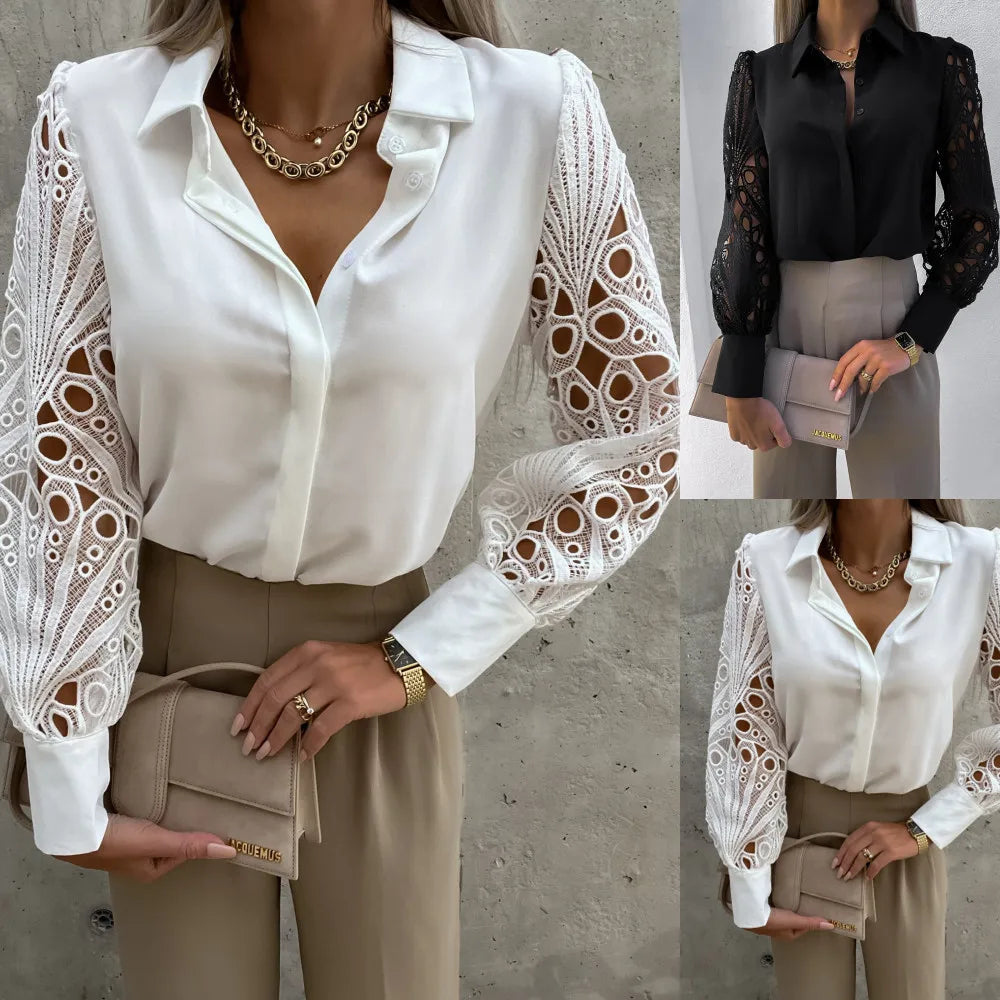 2024 Spring/Summer Women’s Chiffon Blouse – Elegant Long-Sleeve V-Neck Tunic for Casual & Office Wear