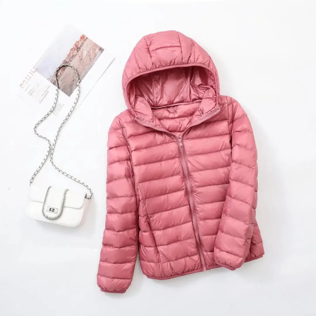 Jaqueta puffer curta com capuz para mulheres, casaco coreano slim fit, pato bran