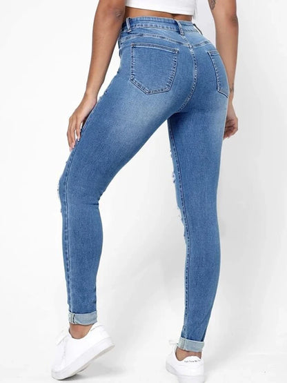 Jeans rasgados com buracos rasgados, jeans skinny casual, calça jeans de cintur