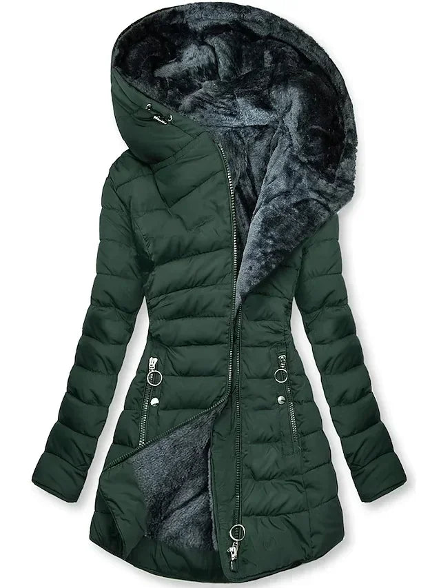 Women's Quilted Cotton Jacket with Zipper - Warm Faux Fur Collar Parka, Hooded Coat, Long Sleeve Trendy Winter Wear