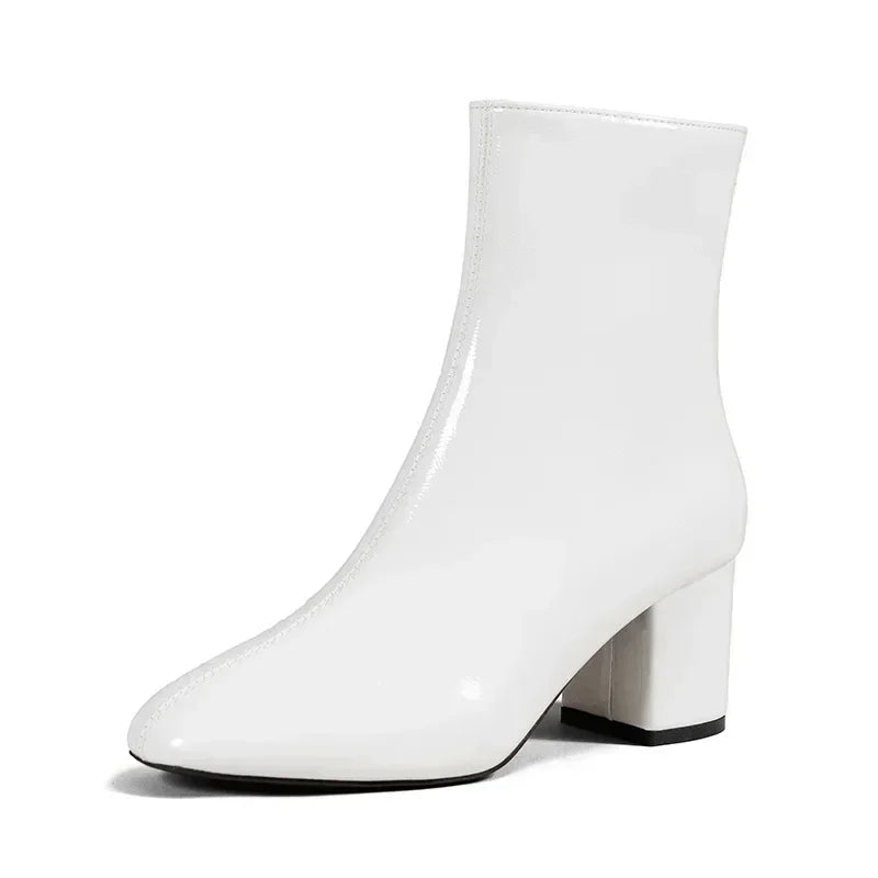 2024 Women's White Ankle Boots – Fashionable Pointed Toe Short Boot with Side Zipper, Stretch Fit & Mid Heel (Large Sizes Available)