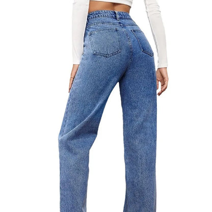 Women’s High-Waisted Straight-Leg Stretch Jeans - Washed Button-Zip Denim, Trendy Spring/Summer 2022 Fashion