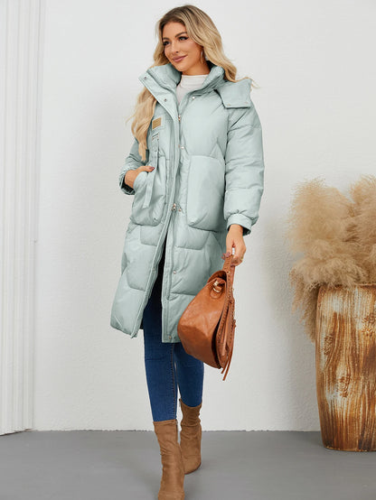 Autumn Winter Women’s Padded Jacket Stand Collar Wide-Waisted Hooded Long Coat