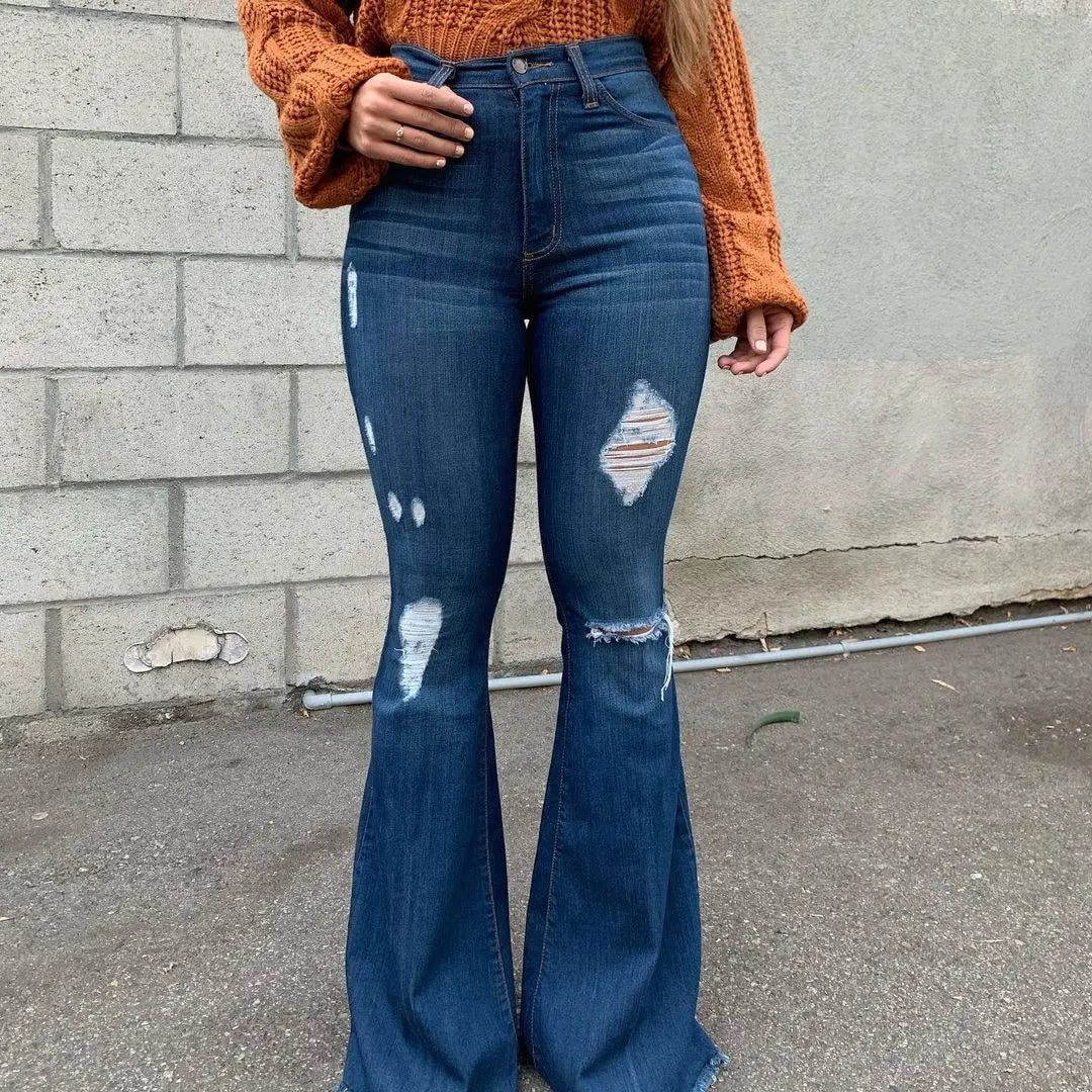 2023 New High Waist Ripped Flared Jeans For Women Fashion Slim Hip Lift Stretch Denim Pants Street Casual Female Trousers S-3XL