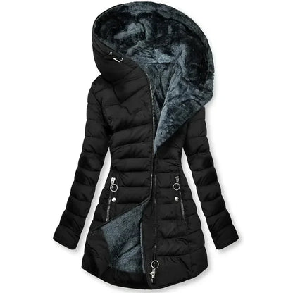 Women's Quilted Cotton Jacket with Zipper - Warm Faux Fur Collar Parka, Hooded Coat, Long Sleeve Trendy Winter Wear