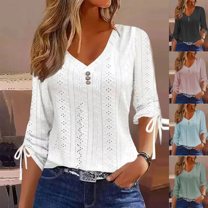 2024 Women's Long Sleeve V-Neck Blouse – Elegant Hollow-Out Bow Top with Casual Button-Up Design