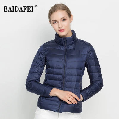 Parka para baixo empacotável feminina, jaqueta puffer empacotável, casaco casu