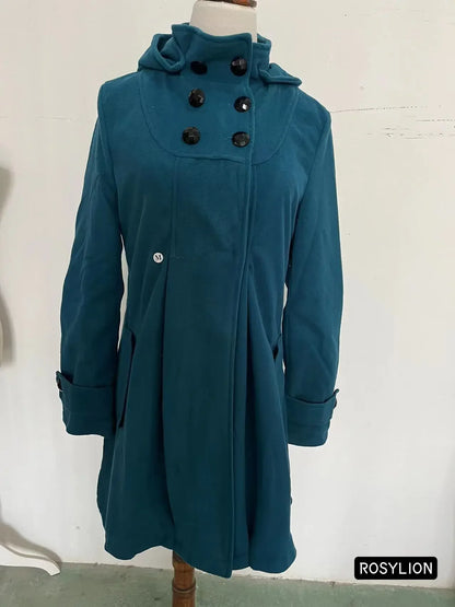 Ladies Green Woolen Jacket Mid-length Long Wool Hooded Double-breasted Cloak Win