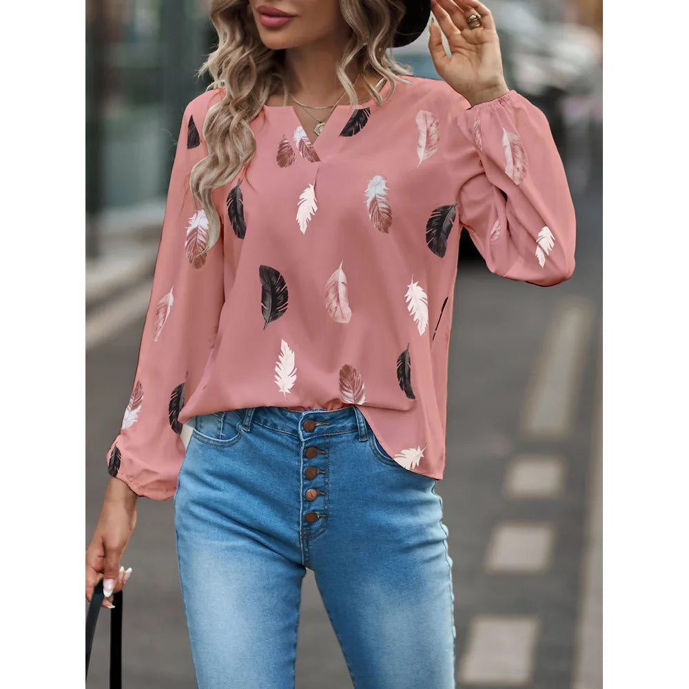 Women’s Feather-Pattern Chiffon Blouse – Elegant Long-Sleeve Fashion Top