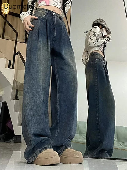 Duomofu Retro Blue Chicly Full Length Loose Straight Female Jeans Spring New Vintage Washed Fashion Distressed S-2XL Women Jeans