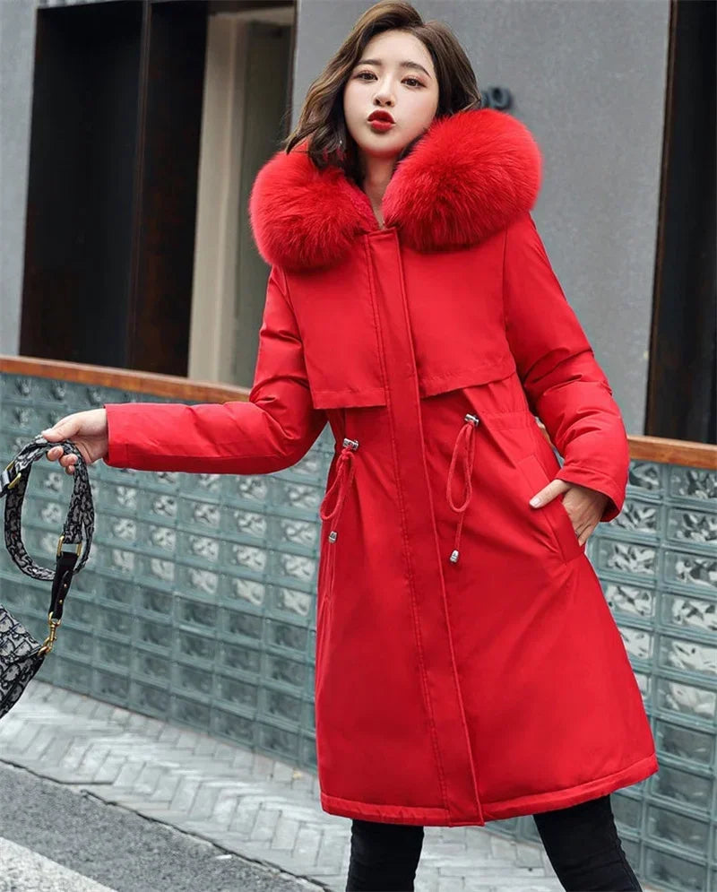 Women's Wool Hooded Jacket with Faux Fur Collar, Long Coat, Thick Warm Winter Snow Parka, Fashionable 2024 Winter Coat