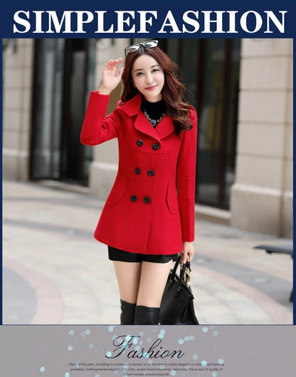 Autumn Winter Women Double Breasted Woolen Coat Solid Color Lapel Slim Fit Short