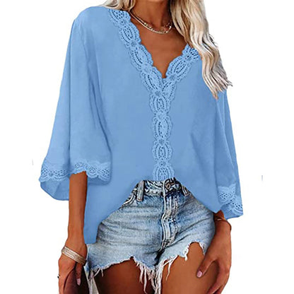 2024 Spring/Summer Flared-Sleeve Lace V-Neck Blouse – European & American-Style Loose Shirt for Women