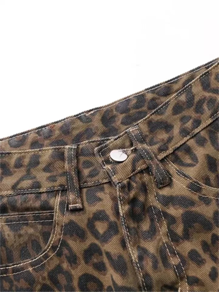 Women's Oversized Wide-Leg Leopard Print Jeans - Vintage Streetwear Hip-Hop Style