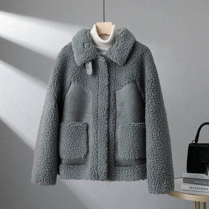 Casaco de lã de cordeiro curto feminino, jaqueta shearling granular, gola virad