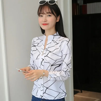 2024 Spring/Autumn Women's Casual Striped Blouse – Loose Long Sleeve Stand Collar Top in White