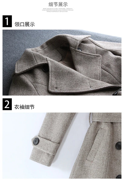 Korean Wool Blends Women Coats Lapel Double-Breasted Lined Trench Belt Ladies St