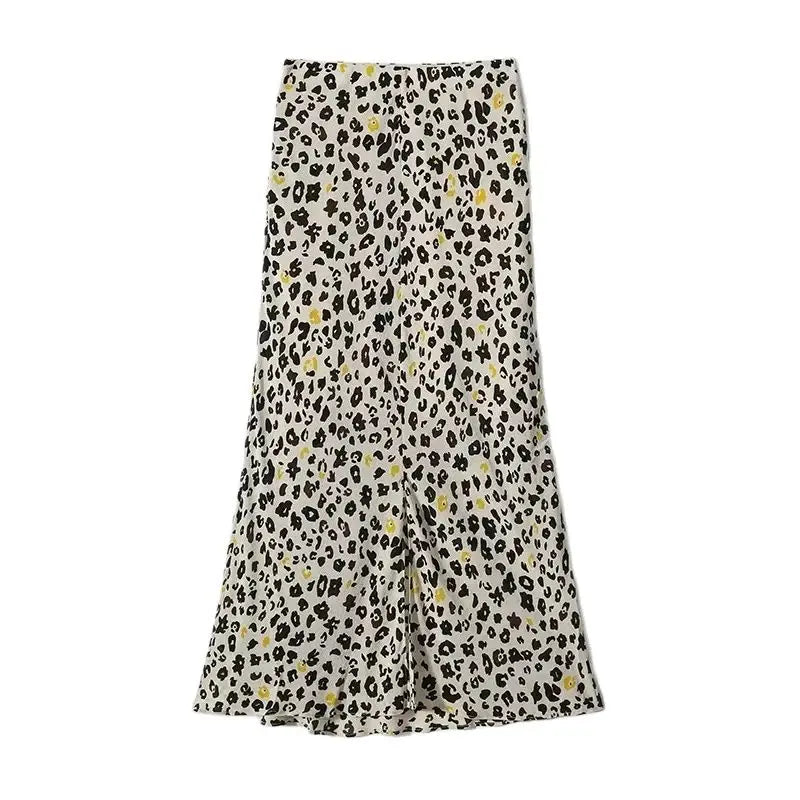 Birdtree, 100%Mulberry Silk Elegant Skirts, Women High Waist Leopard Printed, Fr