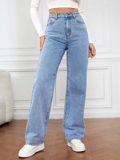 Women’s High-Waisted Straight-Leg Stretch Jeans - Washed Button-Zip Denim, Trendy Spring/Summer 2022 Fashion