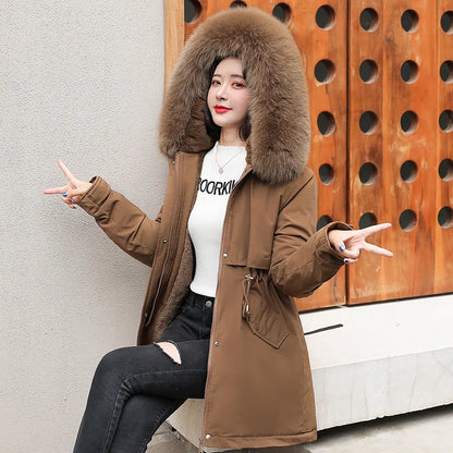 Women's Fine Wool Parka with Hood and Fur Collar, Warm Snowy Quilted Long Coat, Fashion Winter Outerwear 2023