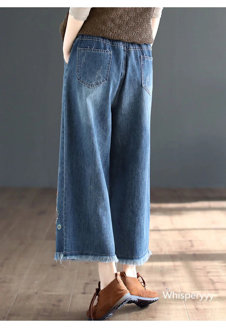 Retro National Style High Waist Embroidered Jeans Female Spring Autumn New Loose Wide-Leg Denim Trousers Women's clothing 2023