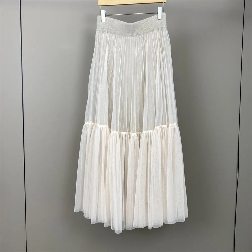 Leisure Versatile Mesh Splicing Cashmere A-Line Skirts For Women High Waist Half