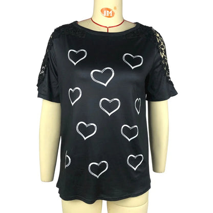 Women's Loose-Fit Heart Print T-Shirt – Casual Round-Neck Lace Hollow-Out Top for Spring & Autumn