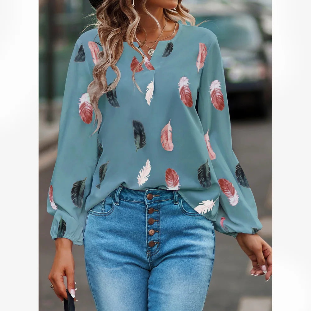 Women’s Feather-Pattern Chiffon Blouse – Elegant Long-Sleeve Fashion Top