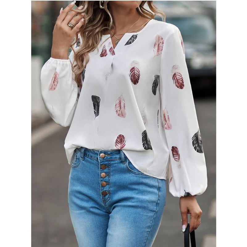 Women’s Feather-Pattern Chiffon Blouse – Elegant Long-Sleeve Fashion Top