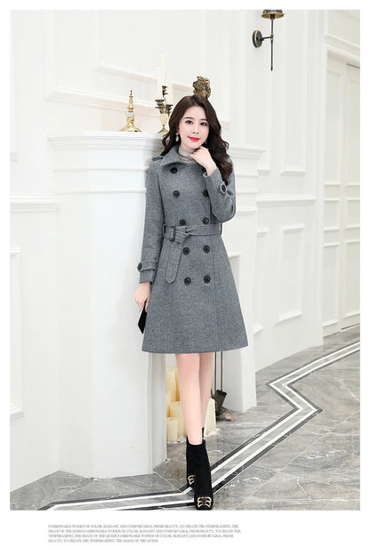 Korean Wool Blends Women Coats Lapel Double-Breasted Lined Trench Belt Ladies St