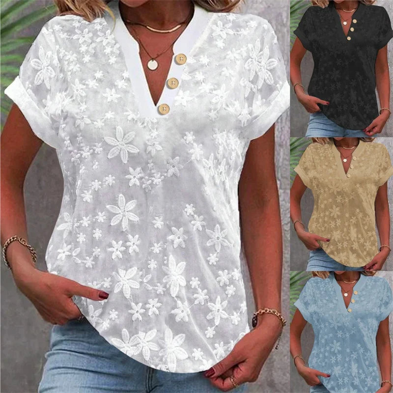 2024 Summer White Jacquard V-Neck Blouse – Elegant Short-Sleeve Office Top for Women