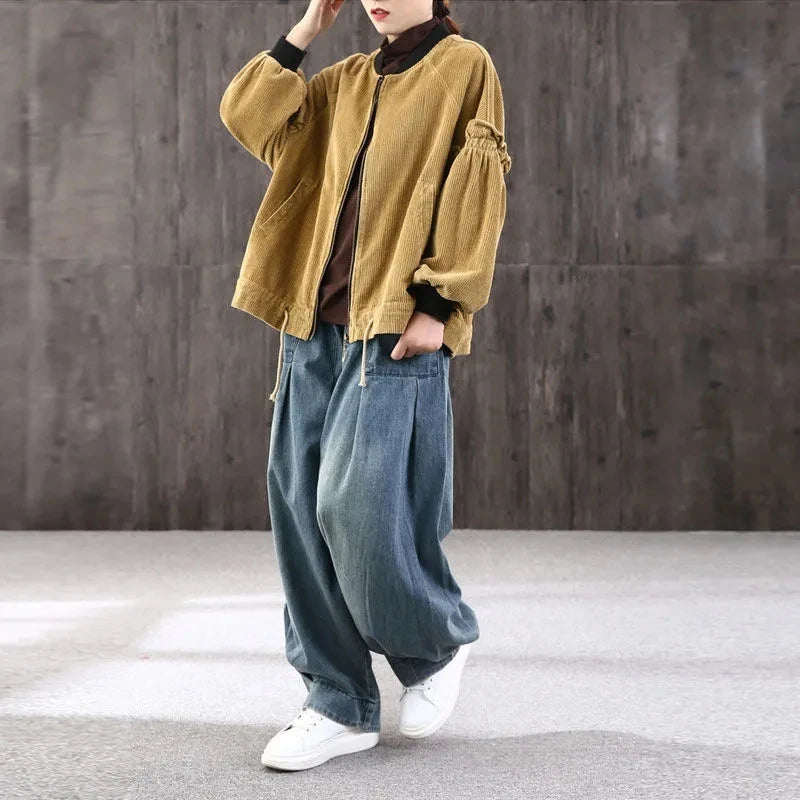 2023 New Loose Large Size Denim Wide Leg Haren Pants Female Art With Chinese Style Casual Sagging Jeans Bloomers Woman Clothing