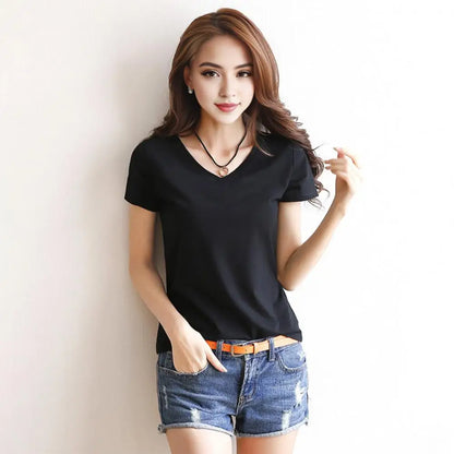 Women's Slim Fit V-Neck T-Shirt – Stretchy Solid Pullover Top for Effortless Streetwear