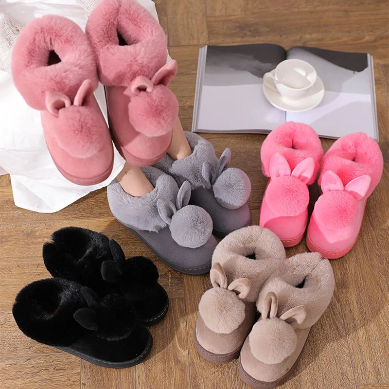 Women's Indoor Winter Fur Boots – Cozy Rabbit Slippers with Furry Ears & Fluffy Ankle Design