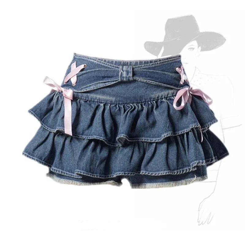 Blue Denim Pleated Skirt Bow Fold Design Women's A-line Short Skirt Built in Sho