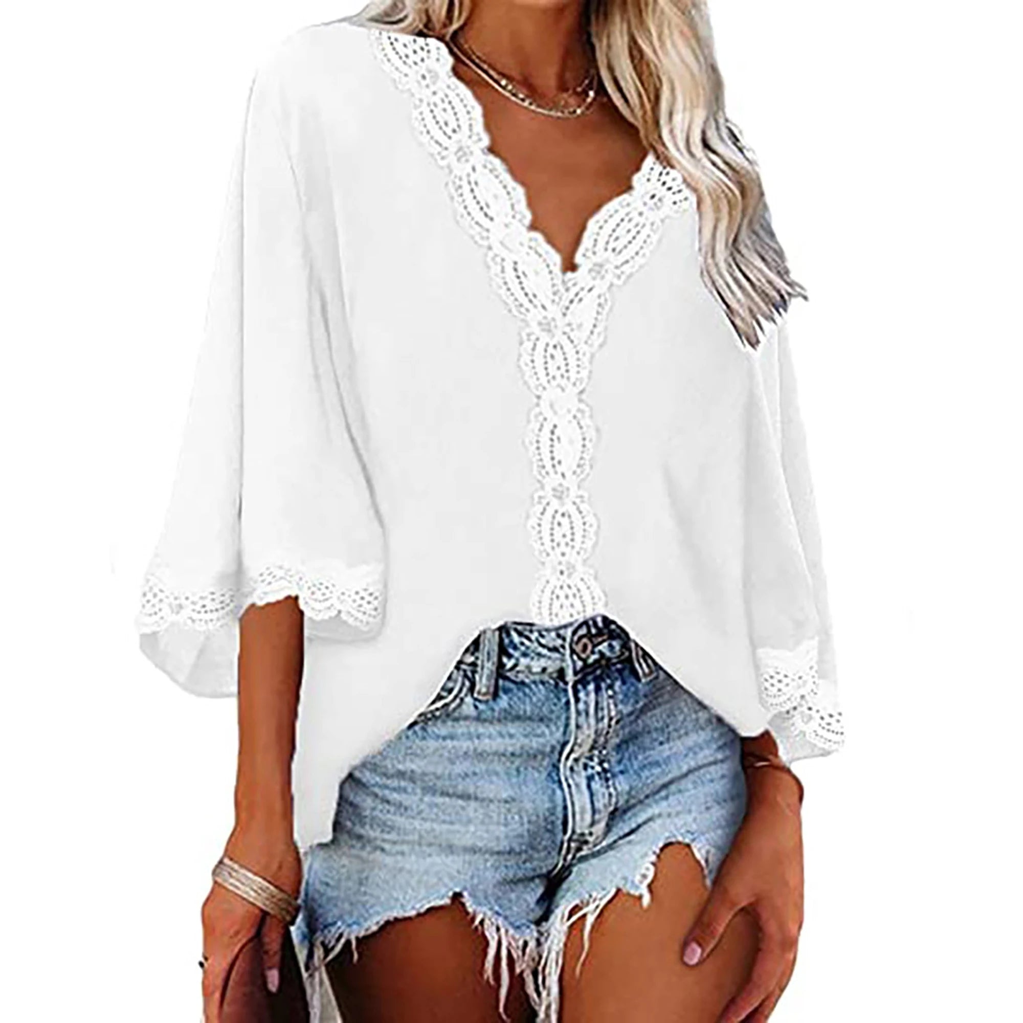 2024 Spring/Summer Flared-Sleeve Lace V-Neck Blouse – European & American-Style Loose Shirt for Women