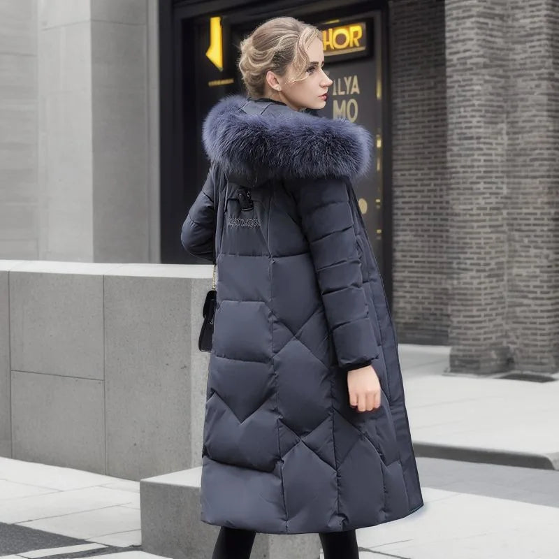 Women's Winter Parka Long Coat 2024 New Thickened Hooded Fur Collar Jacket, Warm Zipper Snow Coat, Padded Outerwear for Women