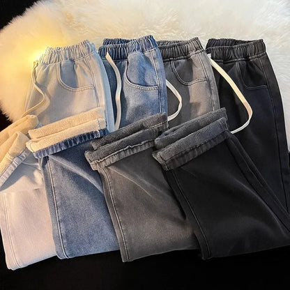 Calça jeans de perna larga forrado de veludo feminino, jeans de cintura alta, g