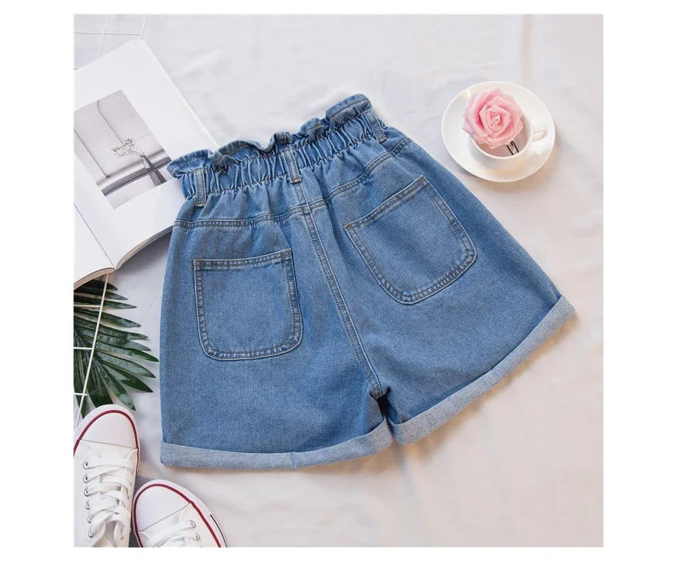 Y2k Summer Black Women Denim Shorts Women S-5XL Harem Ruffled White Blue High Waisted Shorts Female Elastic Short Jeans