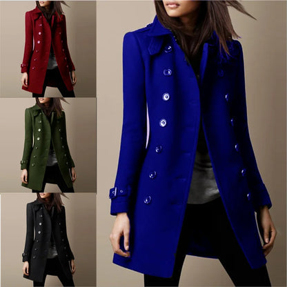 Winter Ladies Woolen Jackets Double Breasted Flap Lapel Lined Top Coat Solid Sli