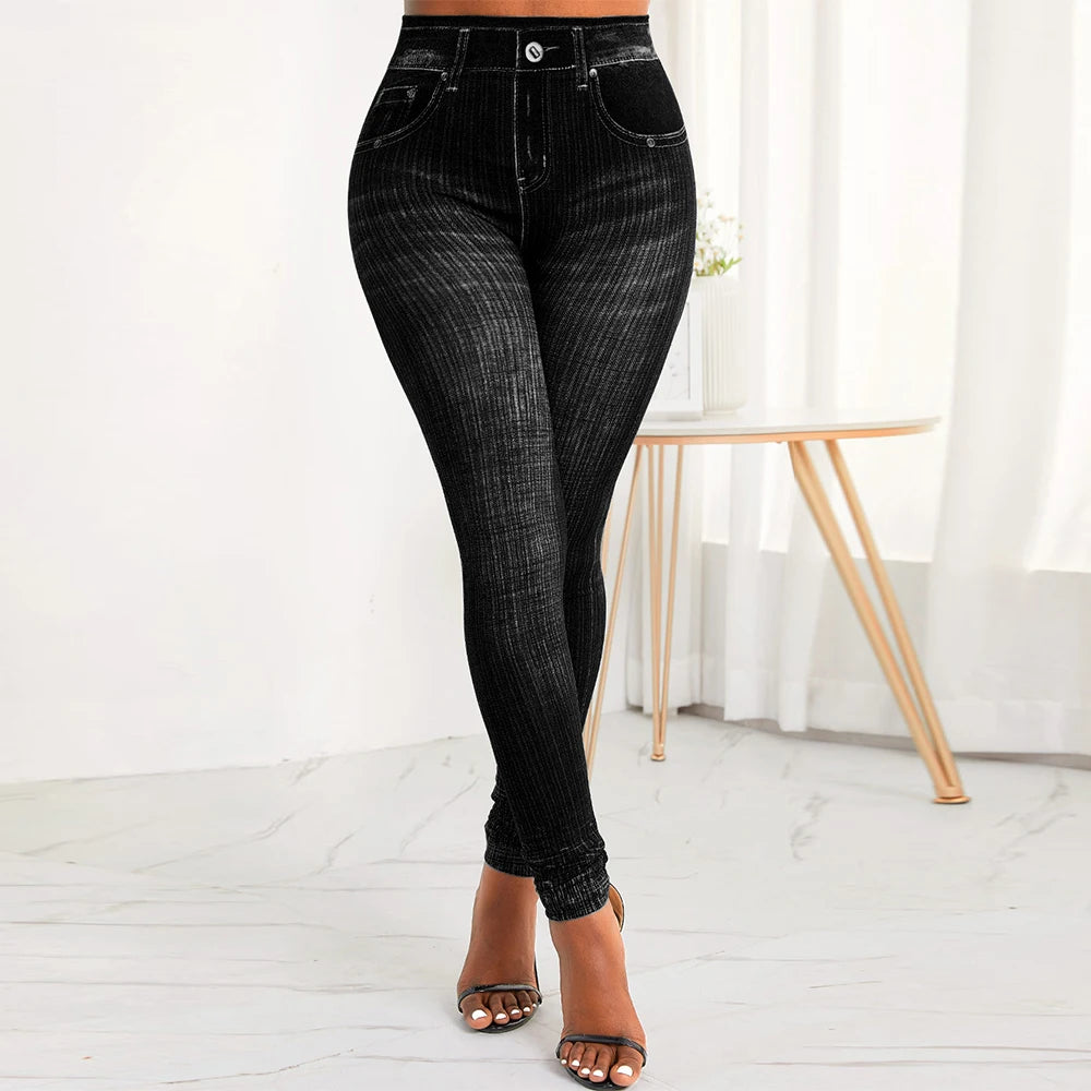 Leggings estampa feminina de elástico na cintura falsa denim, elástico, ajuste