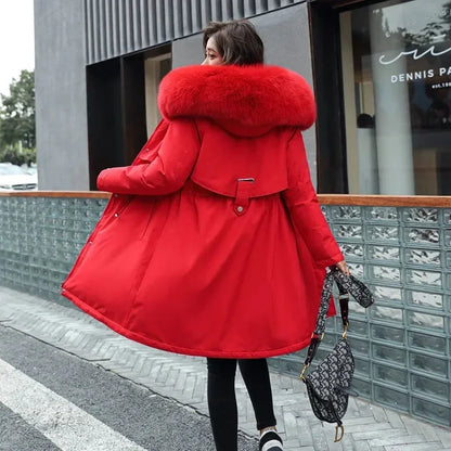 Women's Wool Hooded Jacket with Faux Fur Collar, Long Coat, Thick Warm Winter Snow Parka, Fashionable 2024 Winter Coat