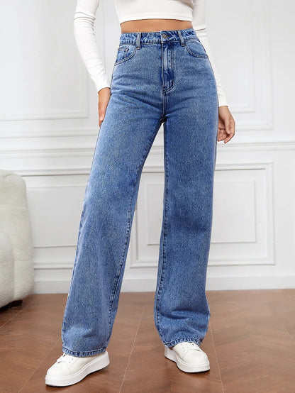 Women’s High-Waisted Straight-Leg Stretch Jeans - Washed Button-Zip Denim, Trendy Spring/Summer 2022 Fashion