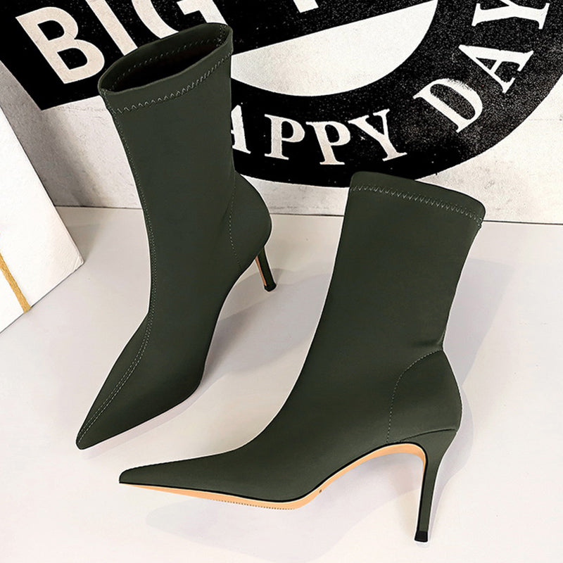 Women's Silk Sock Boots – 7.5cm/10cm Satin Pointed Toe Winter Ankle Booties in Green, Sexy Low Heels