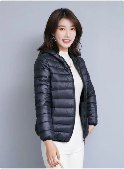 Women's Warm Quilted Cotton Hooded Jacket, Short Parka with High Collar, Oversized Coat, Fall & Winter Tops, New